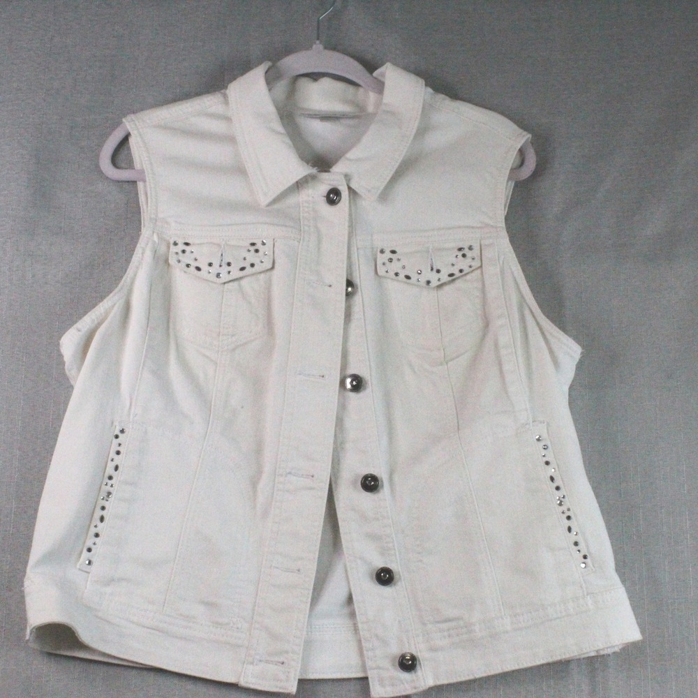 Dressbarn White Denim Vest XL Rhinestone Embellished Y2K Boho Glam Sleeveless